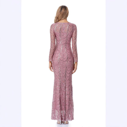 Damen Abendkleid Figurbetont Pailletten Ärmel Durchsichtig
