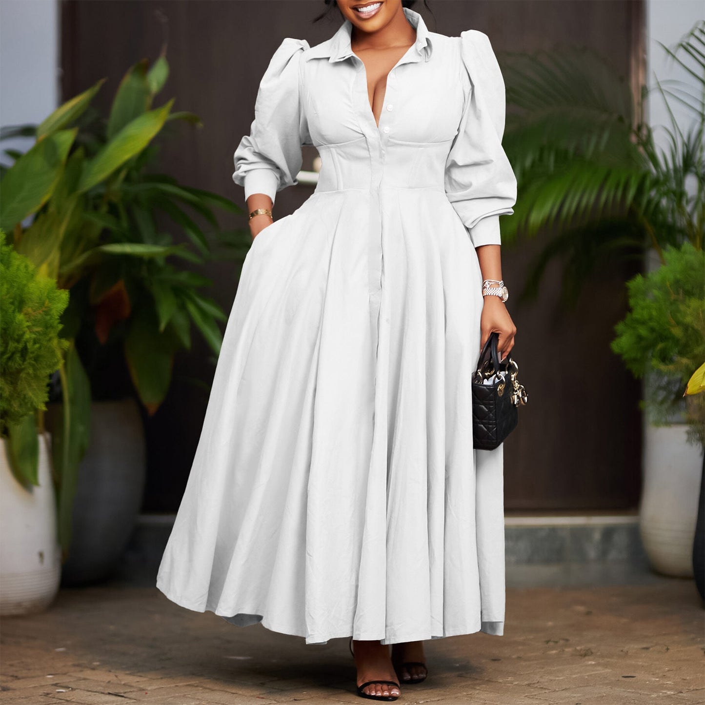 Damen Maxi-Hemdkleid mit Taillenbund Elegantes Design