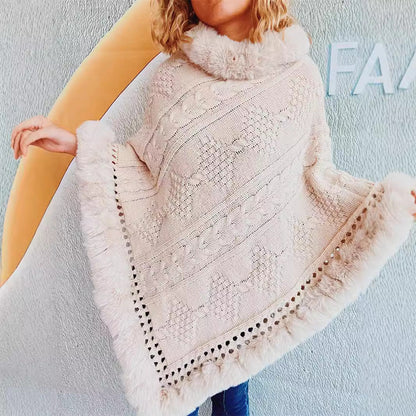 Damen Strickponcho Weiches Fell Dekorative Zöpfe Braun