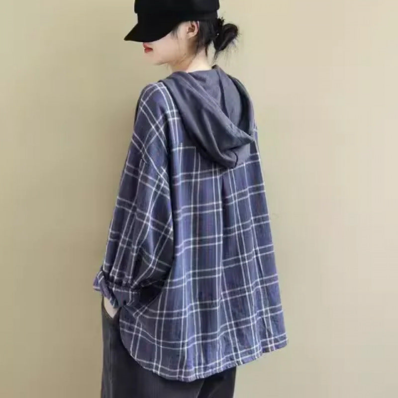 Damen Kapuzenpullover Karo Applikation Weich Innenfutter