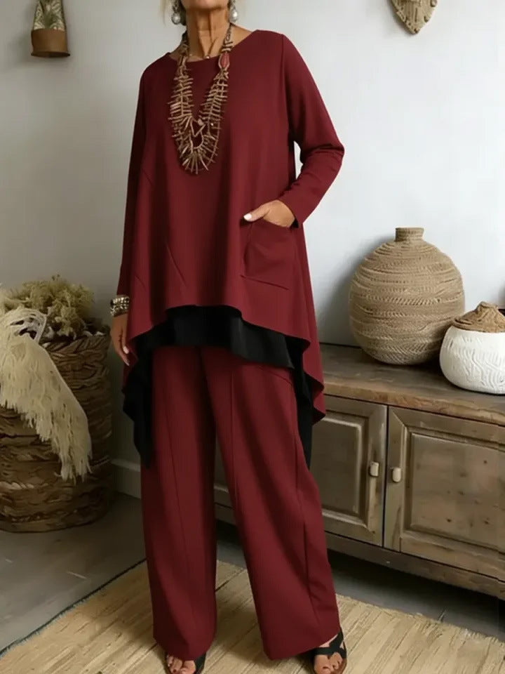 Damen Ensemble Asymmetrisches Oberteil Weite Hose Eveloria