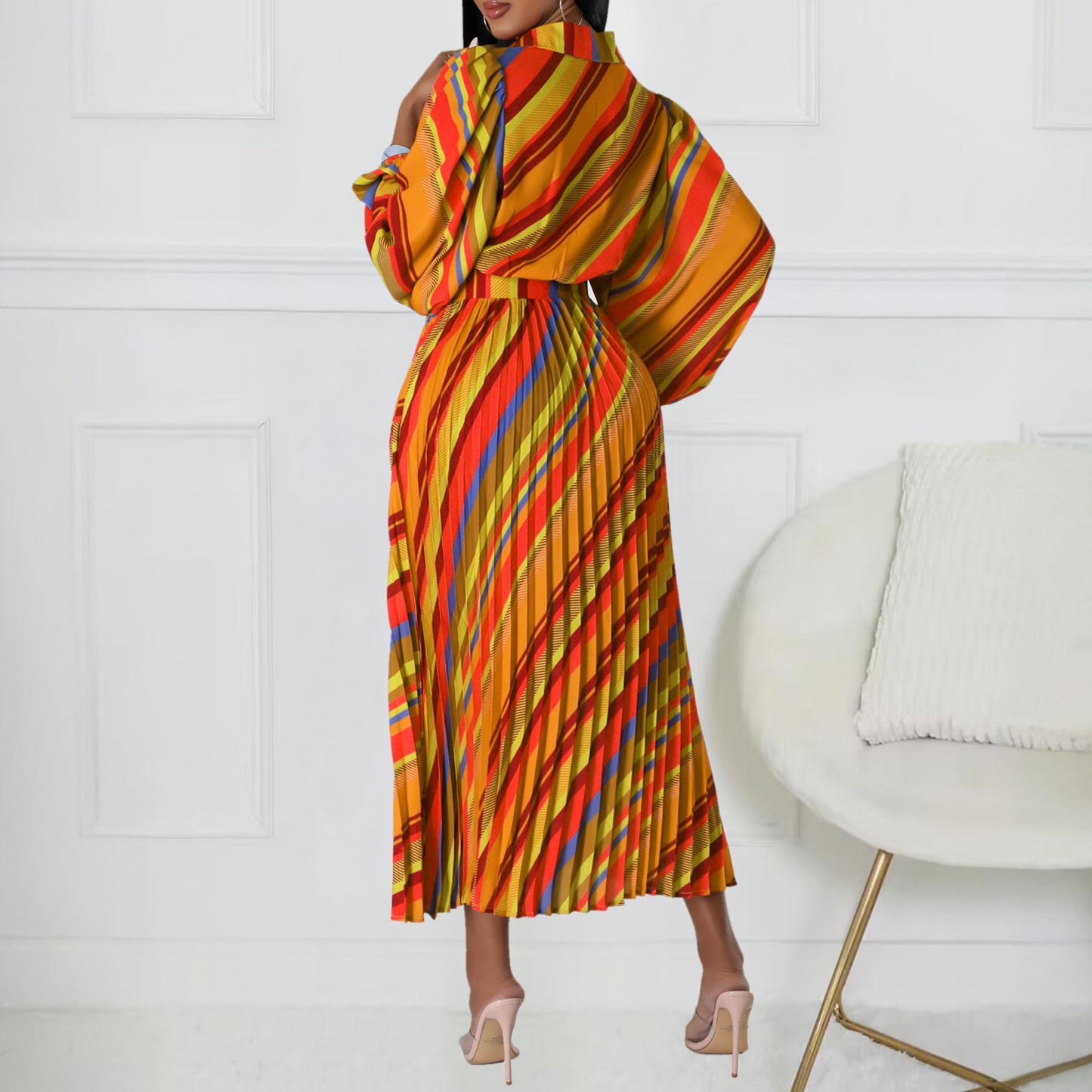 Damen Maxikleid Wickelkragen Streifenmuster