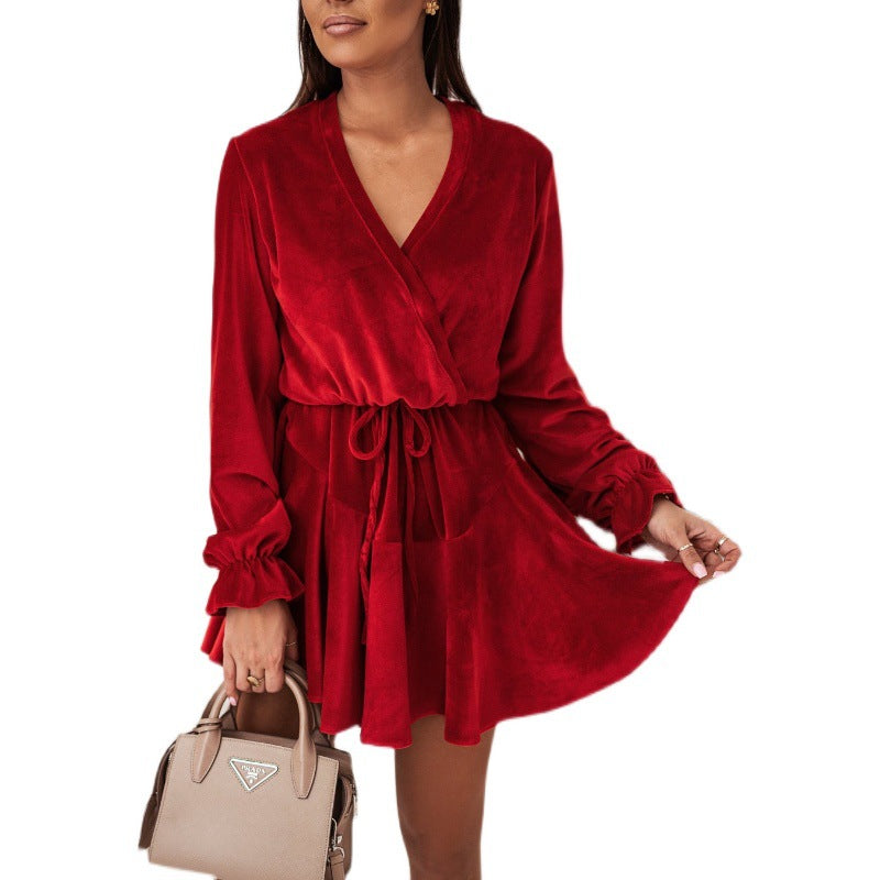 Damen Wickelkleid Samtig V-Ausschnitt Elegant Eveloria