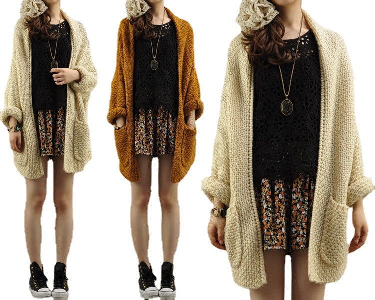 Damen Grobstrick-Cardigan Offene Kanten Praktische Taschen Beige