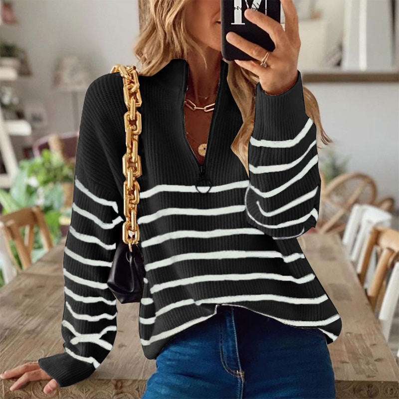 Damen Strickpullover Streifenmuster mit Reißverschluss