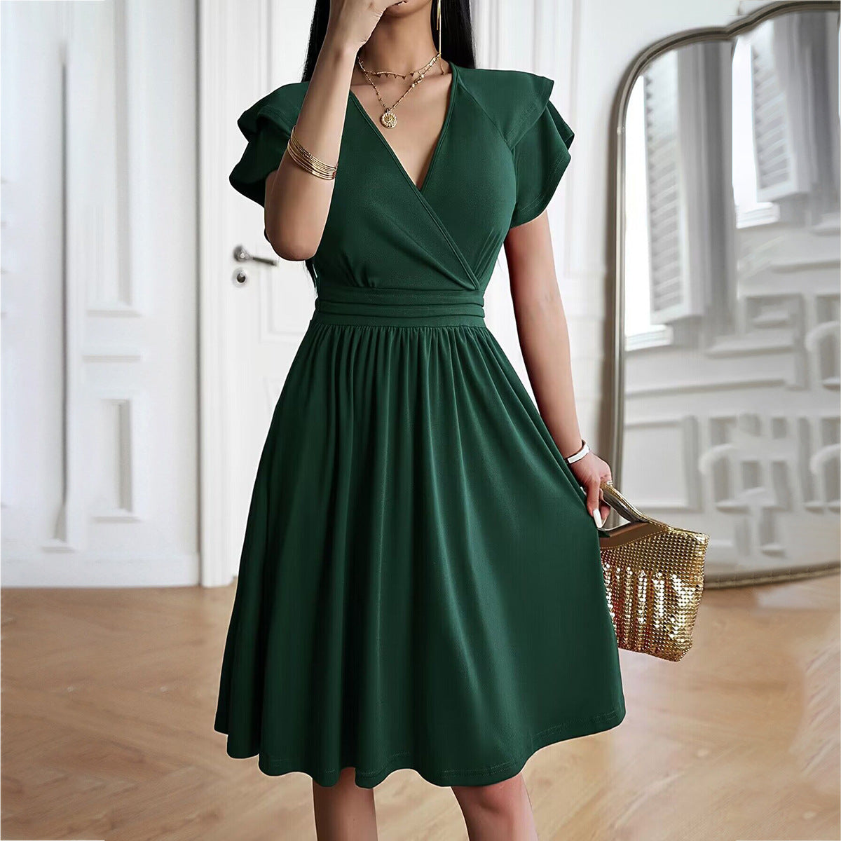 Eveloria Damen Einfarbiges V-Ausschnitt Kurzarmkleid