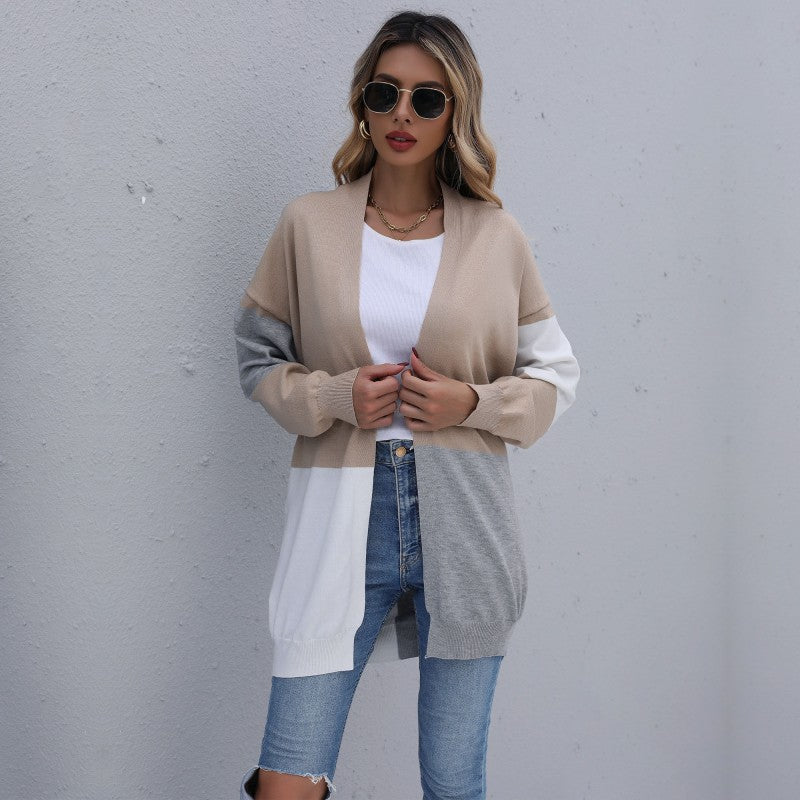Damen Cardigan Lang Weiches Strickmaterial Farbblock Muster - Eveloria