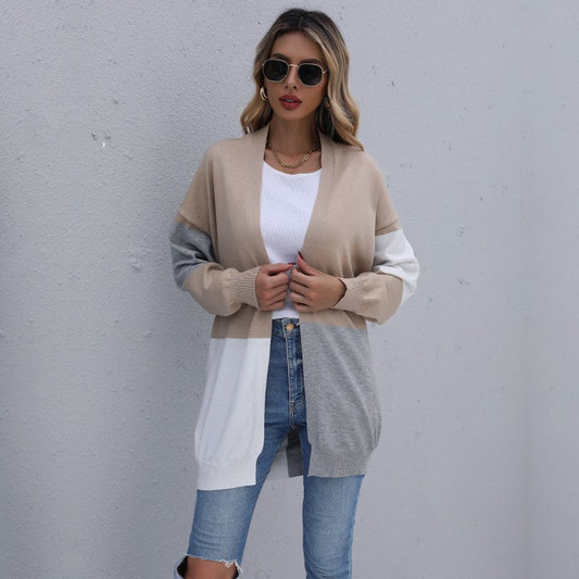 Damen Cardigan Lang Weiches Strickmaterial Farbblock Muster - Eveloria