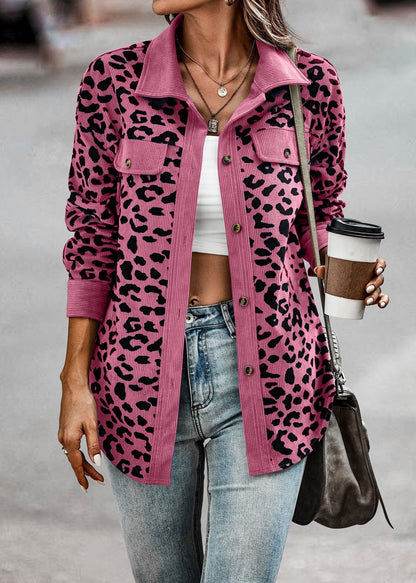 Damen Kordjacke Leo-Print Brusttaschen Eveloria