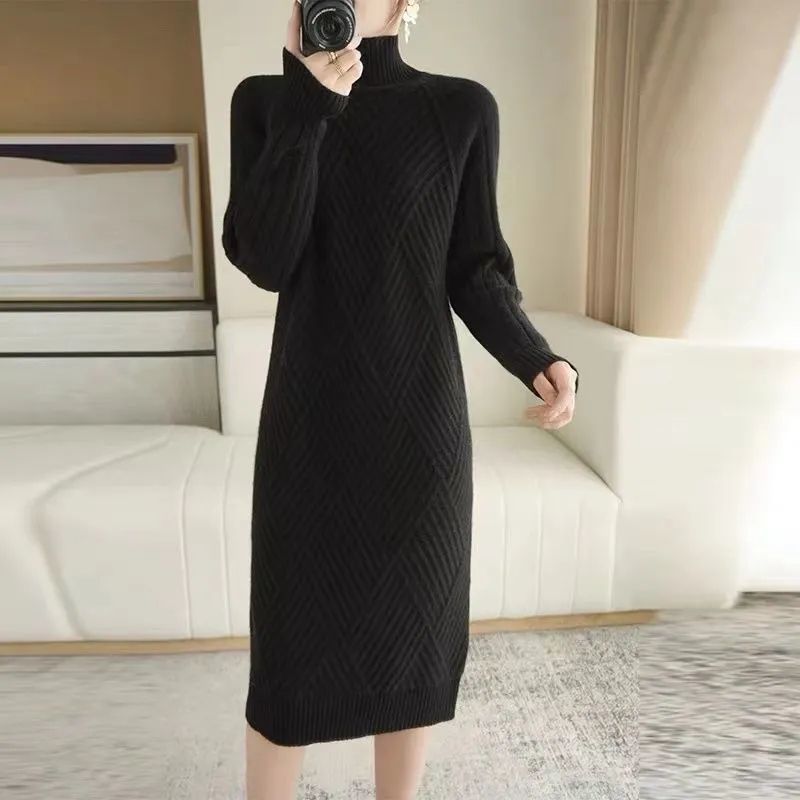 Damen Strickkleid Stehkragen Rippmuster Eveloria