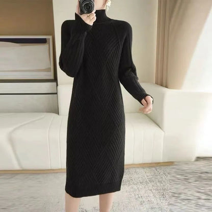 Damen Strickkleid Stehkragen Rippmuster Eveloria