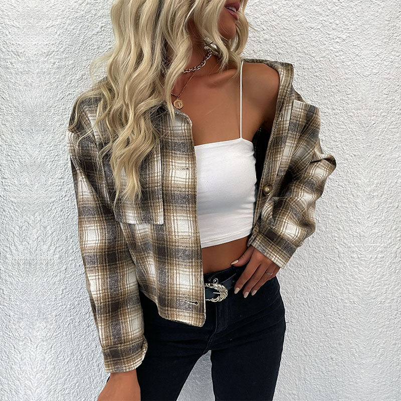 Damen Flanelljacke Kariert Strukturiert Regulär Schnitt Eveloria
