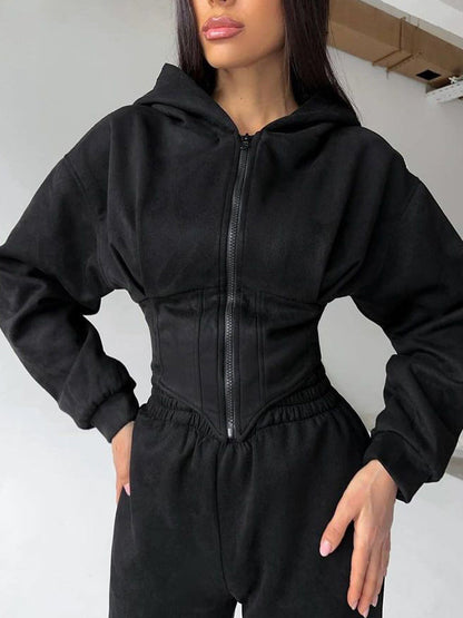 Damen Jumpsuit Tailliert Sportliche Kapuze Eveloria