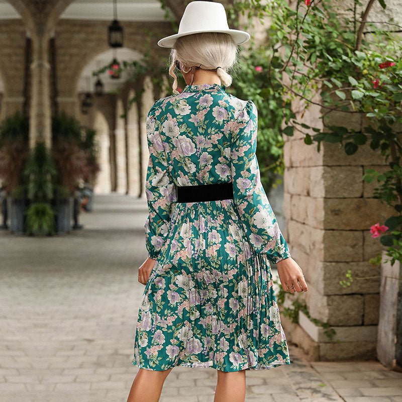 Damen Blumenkleid Midi mit Taillenband und Kragen