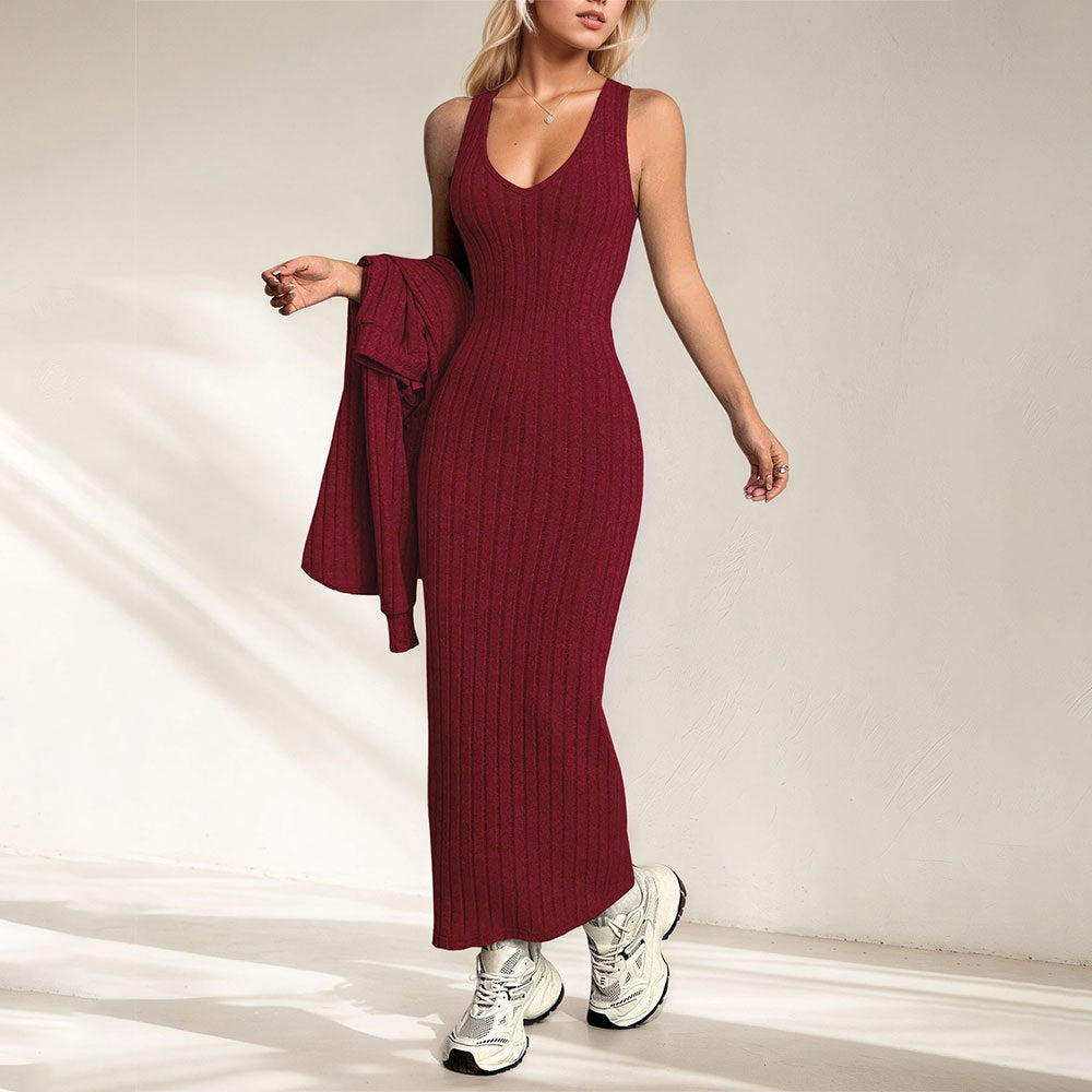 Damen Maxikleid Rippenstrick V-Ausschnitt Figurformend Schwarz - Eveloria