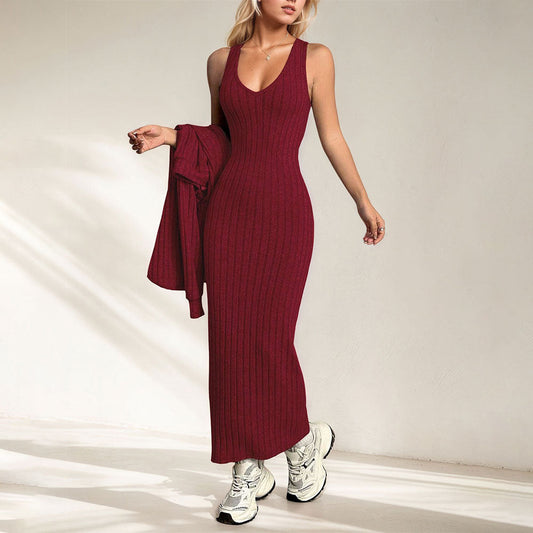 Damen Maxikleid Rippenstrick V-Ausschnitt Figurformend Schwarz - Eveloria