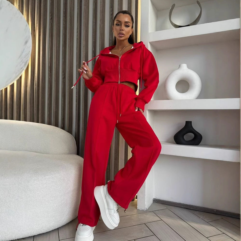 Damen Sportliches Zweiteiliges Set Cropped Hoodie Jogginghosen