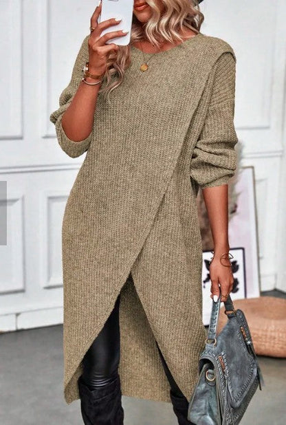 Damen Strickkleid Asymmetrisch Oversized Grau