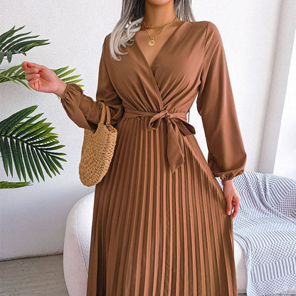 Damen Wickelkleid Faltenrock Langer Arm Eveloria