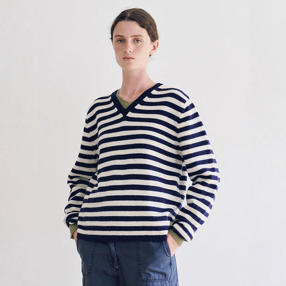 Damen Pullover V-Ausschnitt Streifenmuster Eveloria