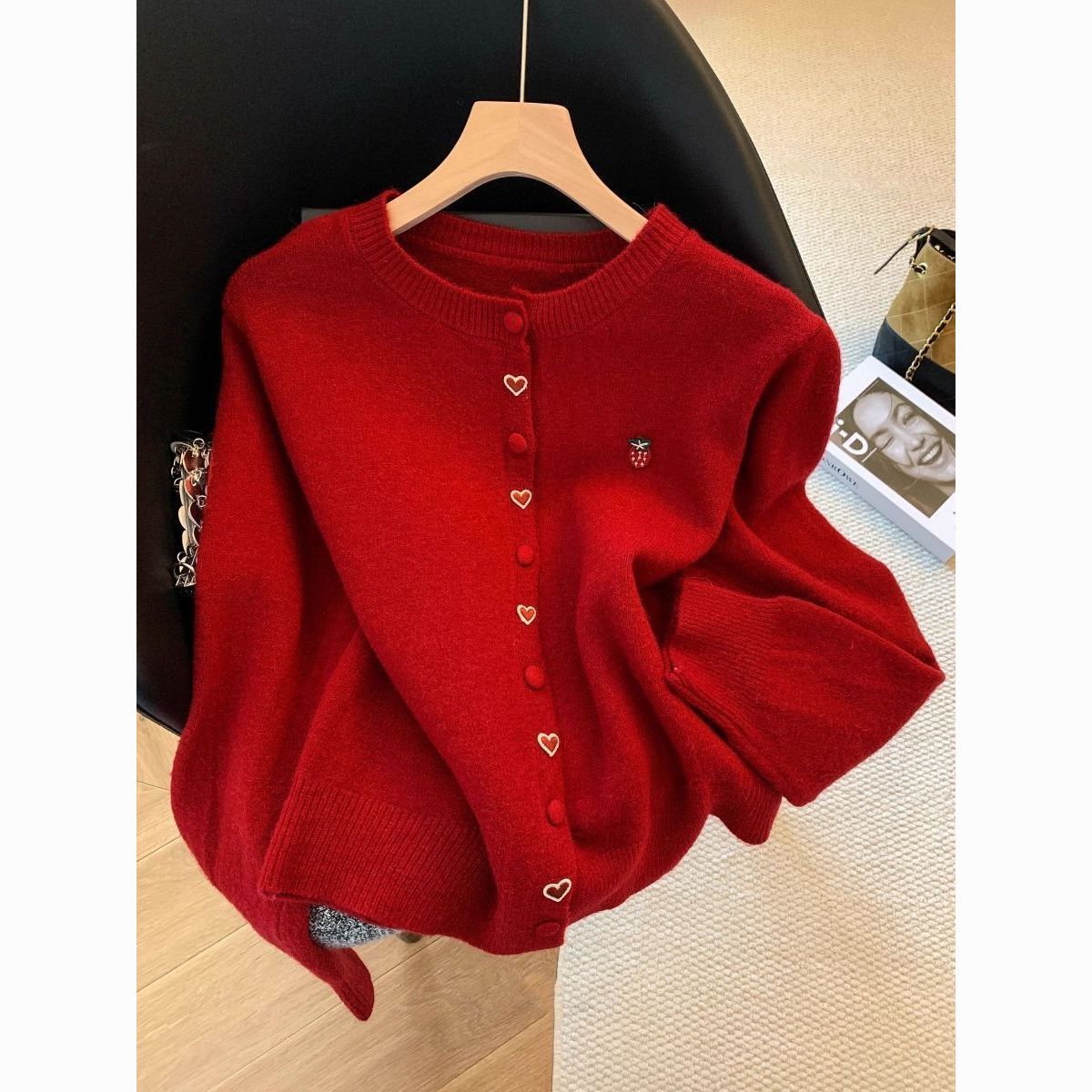 Damen Strickjacke Kuschelig Herz Erdbeere Applikationen