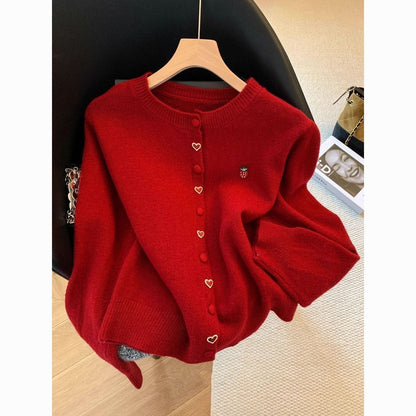 Damen Strickjacke Kuschelig Herz Erdbeere Applikationen