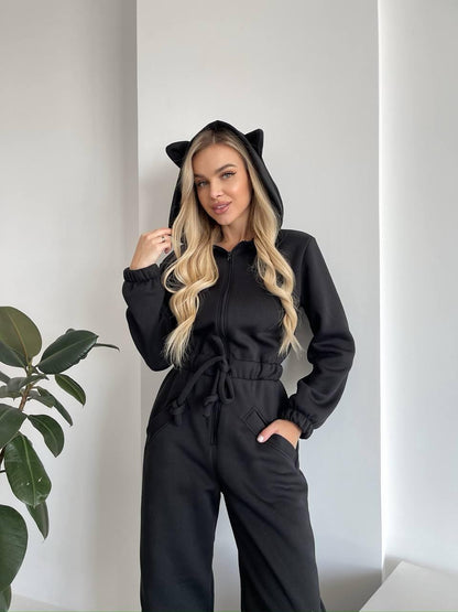 Damen Jumpsuit Kuschelig Känguru-Taschen Tierohren Grau