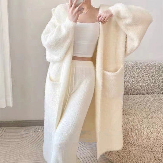 Damen Strickjacke Flauschig mit Taschen Lässig Beige - Eveloria