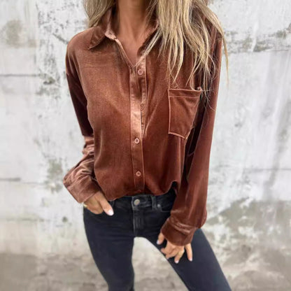 Damen Samtbluse Elegante Bluse Mit Brusttasche Eveloria