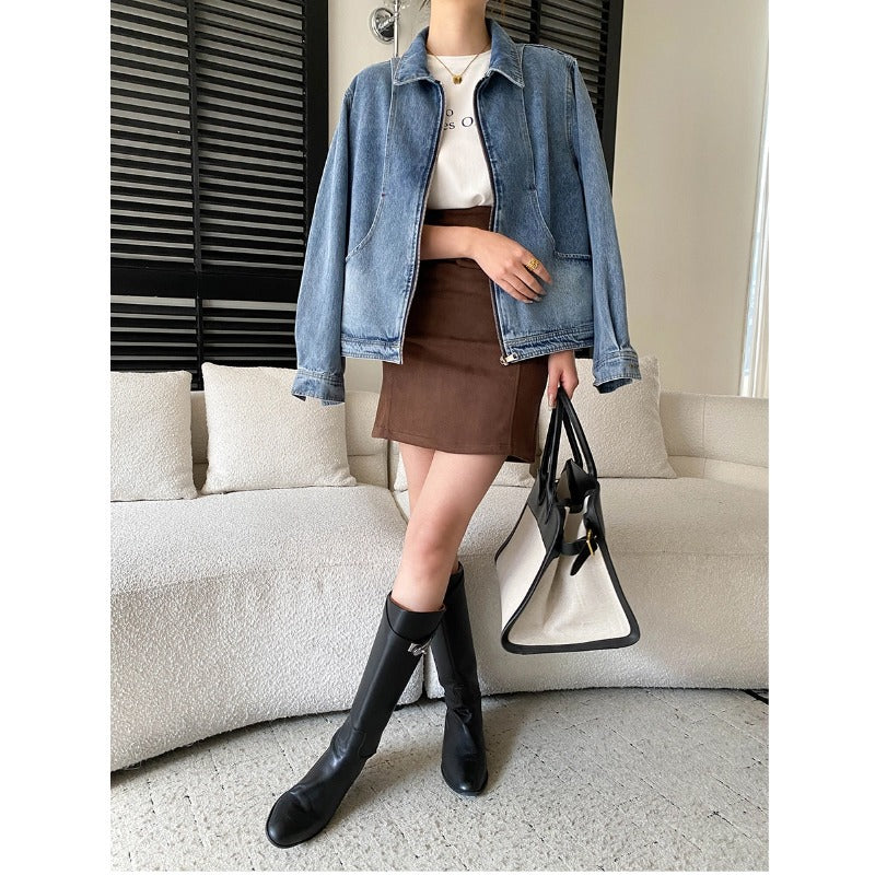 Damen Oversized Denimjacke mit Taschen Blau Eveloria