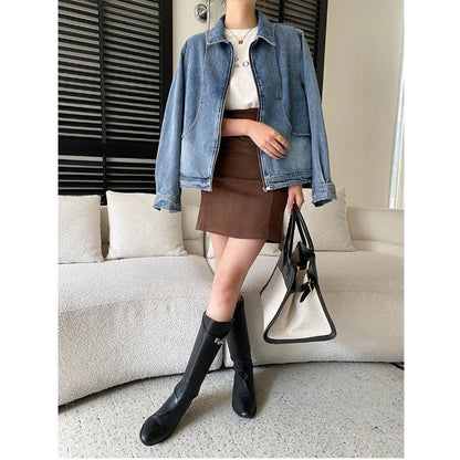 Damen Oversized Denimjacke mit Taschen Blau Eveloria