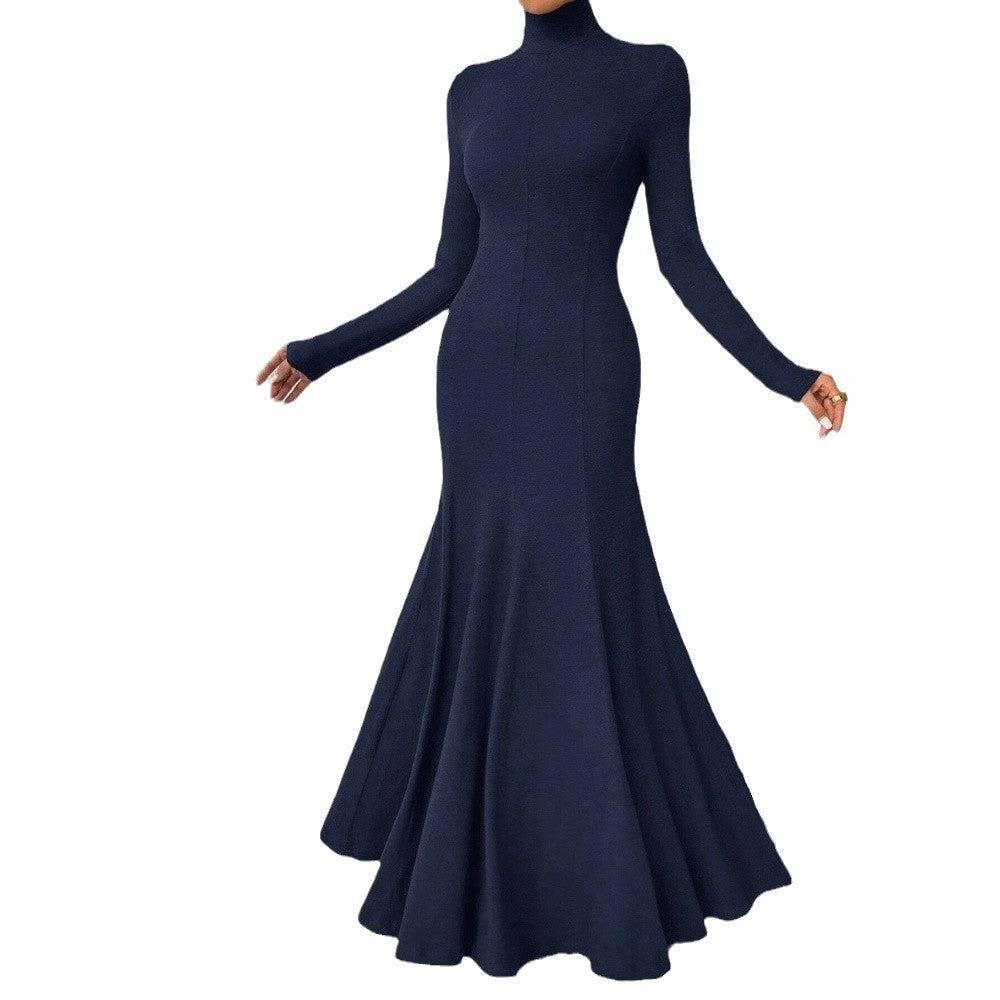 Damen Maxi-Kleid Langarm Hohler Kragen Schwingender Saum Eveloria