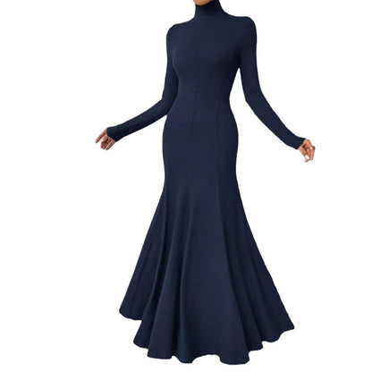 Damen Maxi-Kleid Langarm Hohler Kragen Schwingender Saum Eveloria