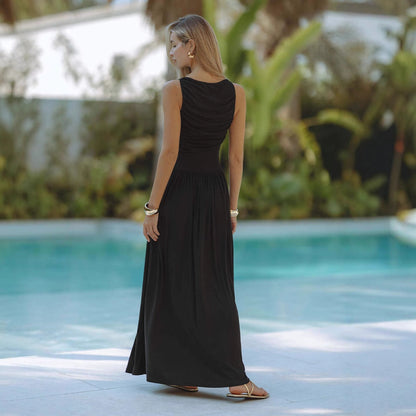 Damen Maxikleid mit Faltenwurf und hohem Bund