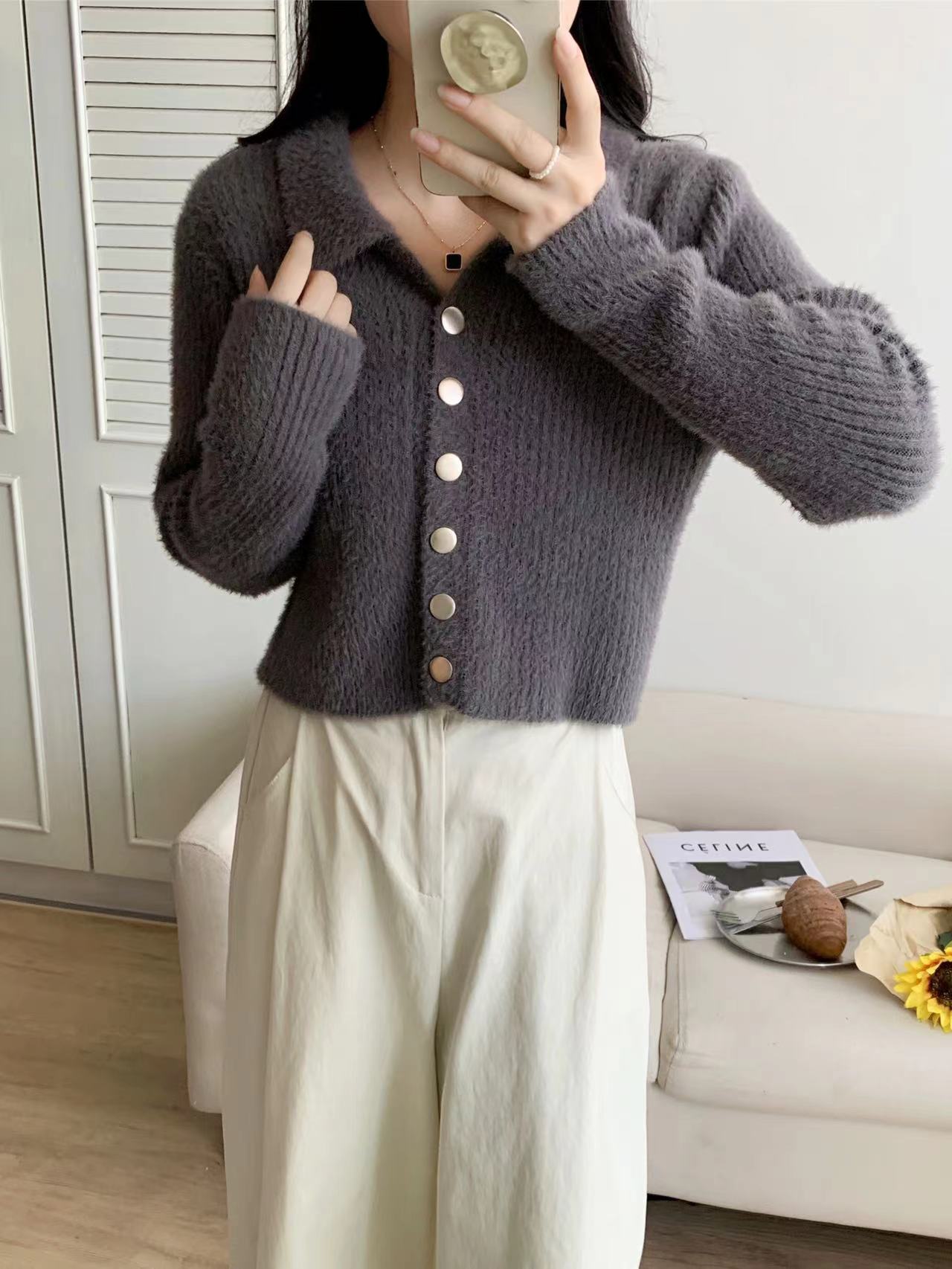 Damen Kurzstrickjacke V-Ausschnitt mit Knöpfen