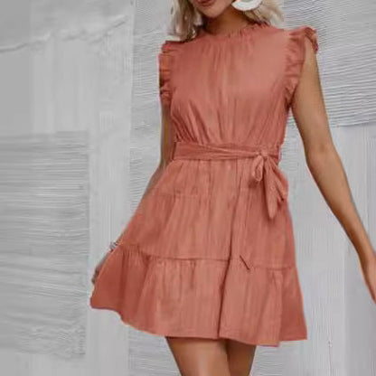 Damen Halbarmkleid Rüschendetails Taillenknoten Eveloria