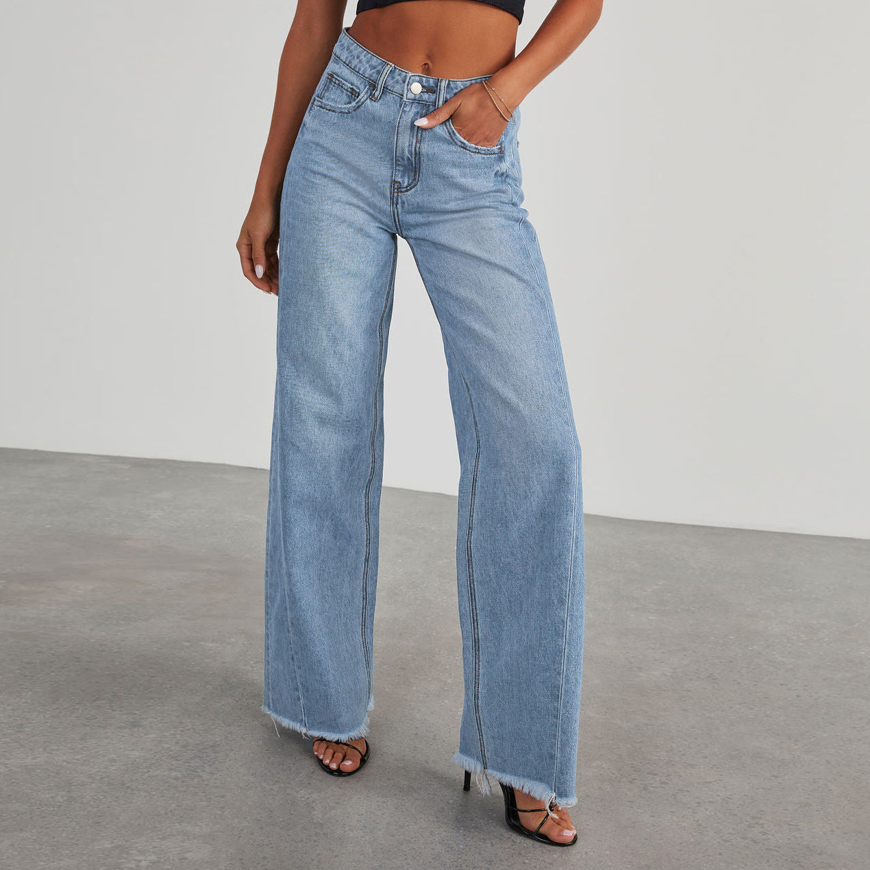 Damen Weite Denim-Jeans Franser Saum Blau