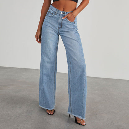 Damen Weite Denim-Jeans Franser Saum Blau