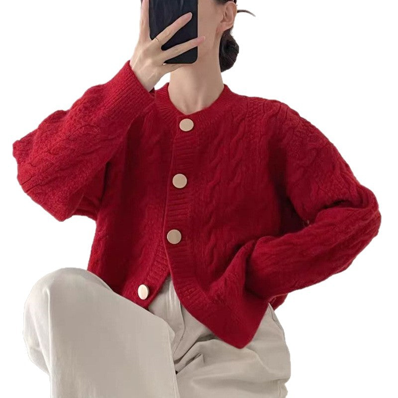 Damen Strickjacke Kabelmuster Große Knöpfe Beige