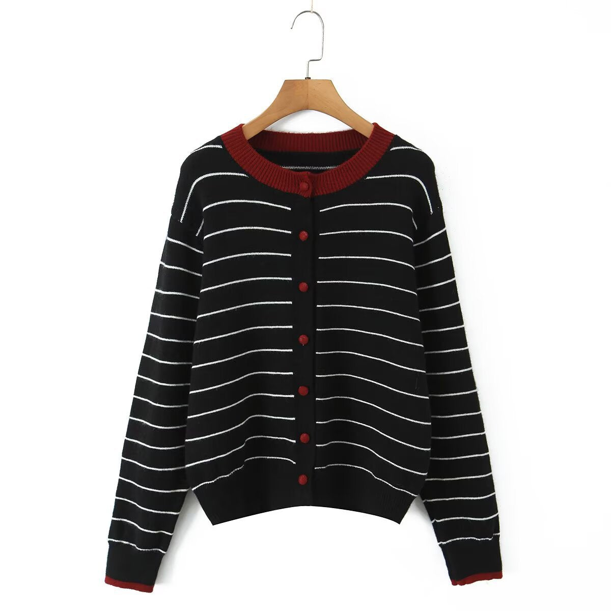 Damen Strickjacke Gestreift Rundhals Knöpfe Eveloria