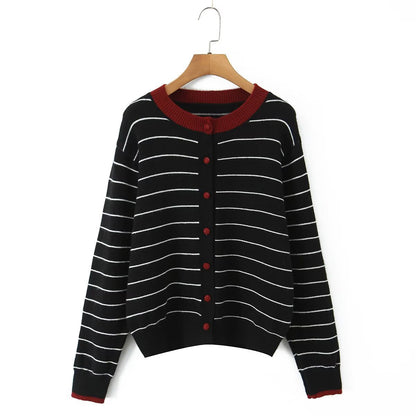 Damen Strickjacke Gestreift Rundhals Knöpfe Eveloria