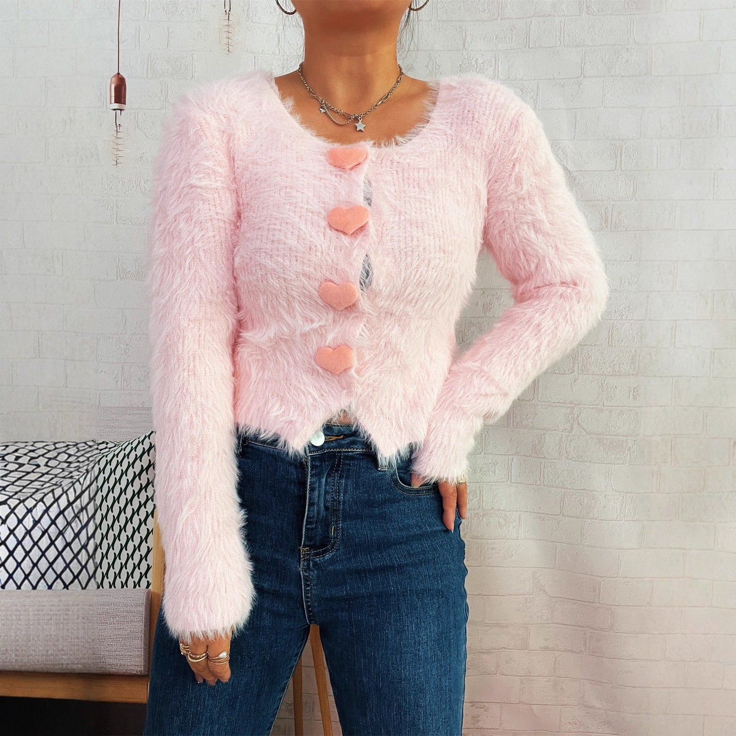 Damen Cardigan Flauschig Herzknöpfe