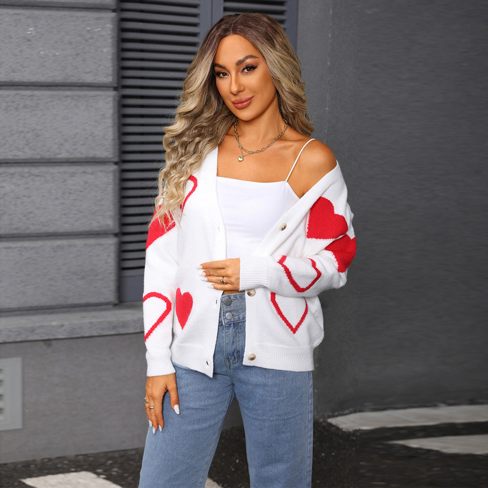 Damen Strickjacke Herzmuster Knopfverschluss