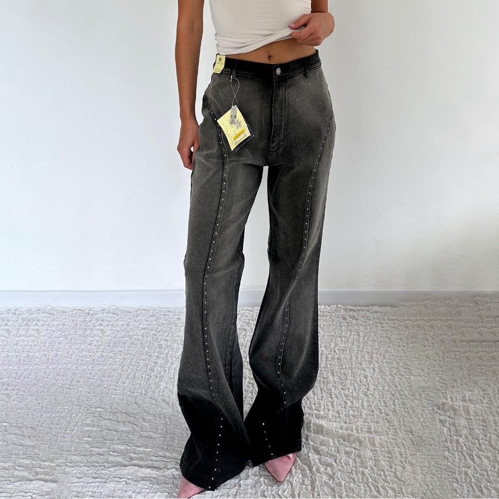 Damen High-Waist Jeans Nietenverzierung Schwarz Eveloria - Eveloria
