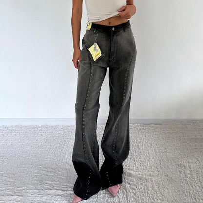 Damen High-Waist Jeans Nietenverzierung Schwarz Eveloria - Eveloria