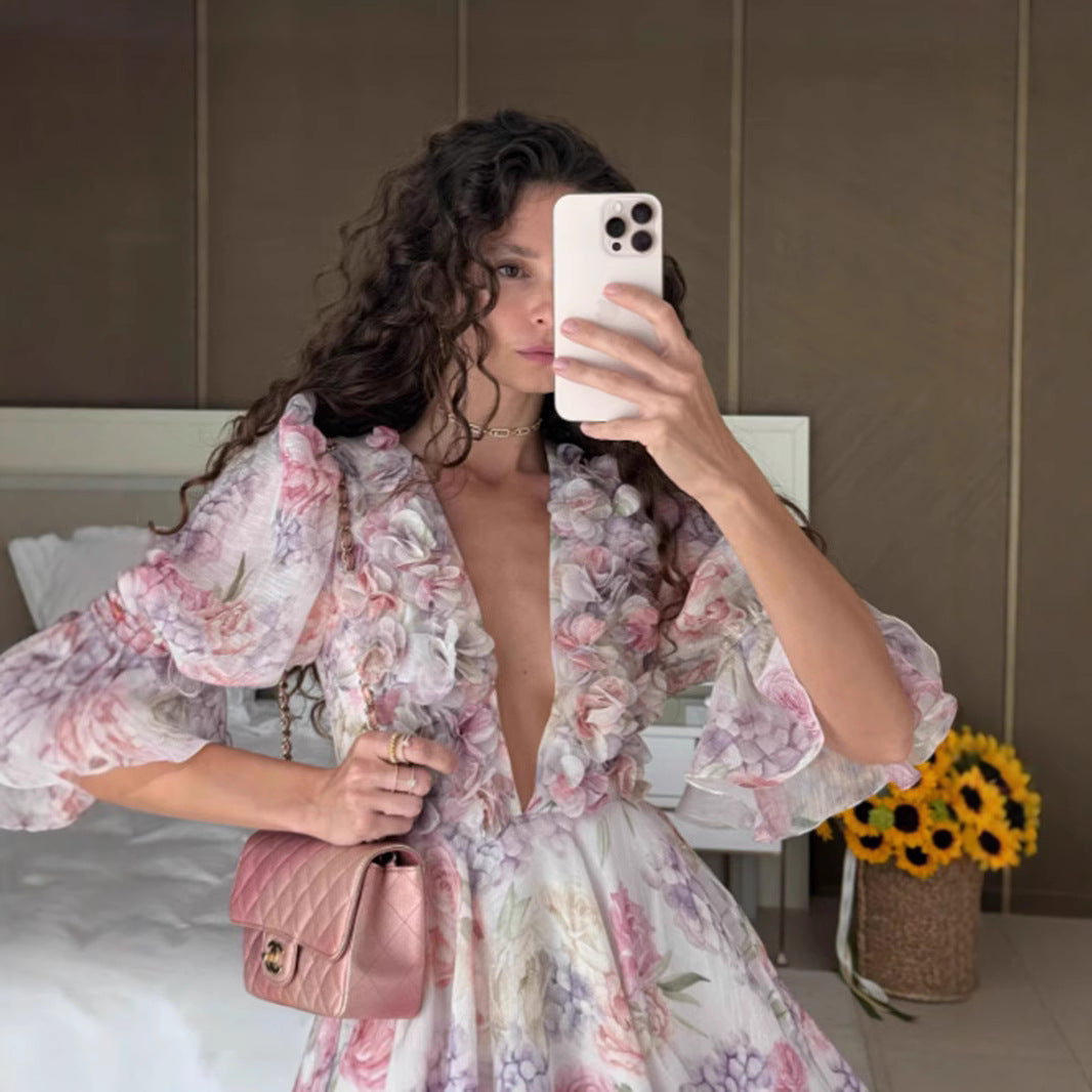 Damen Maxikleid Fließend Rüschen Blumenmuster