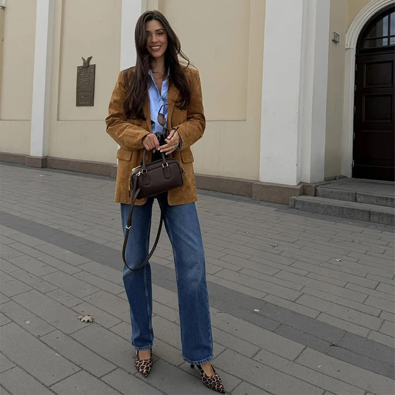 Damen Suede Blazerjacke Eveloria Elegantes Design