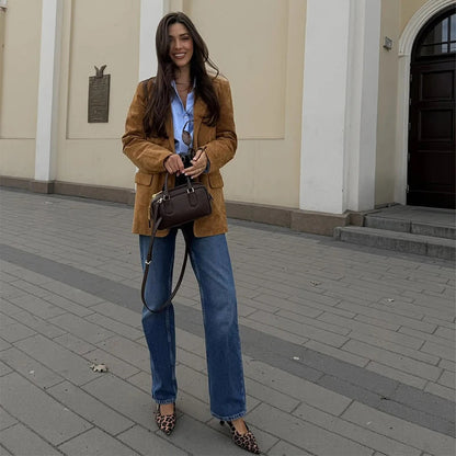 Damen Suede Blazerjacke Eveloria Elegantes Design