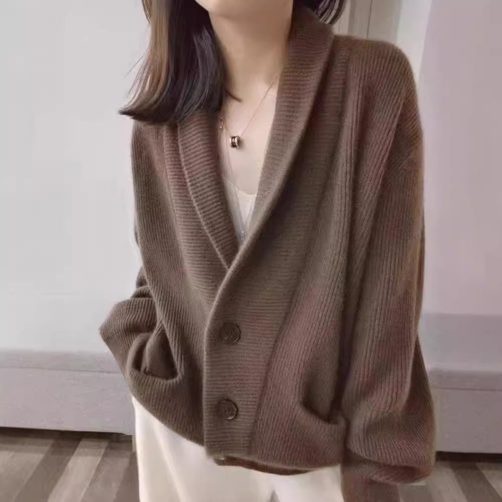 Damen Grobstrickcardigan Klassisch Revers Beige - Eveloria