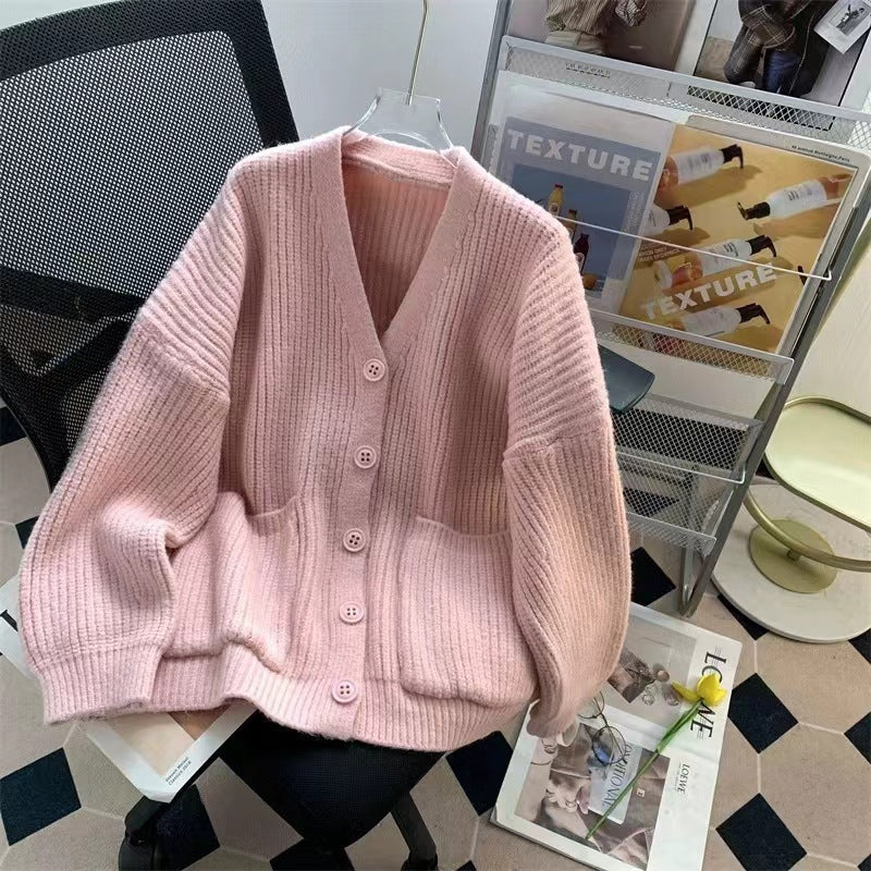 Damen Strickjacke V-Ausschnitt Kuschelig Mit Taschen Grau